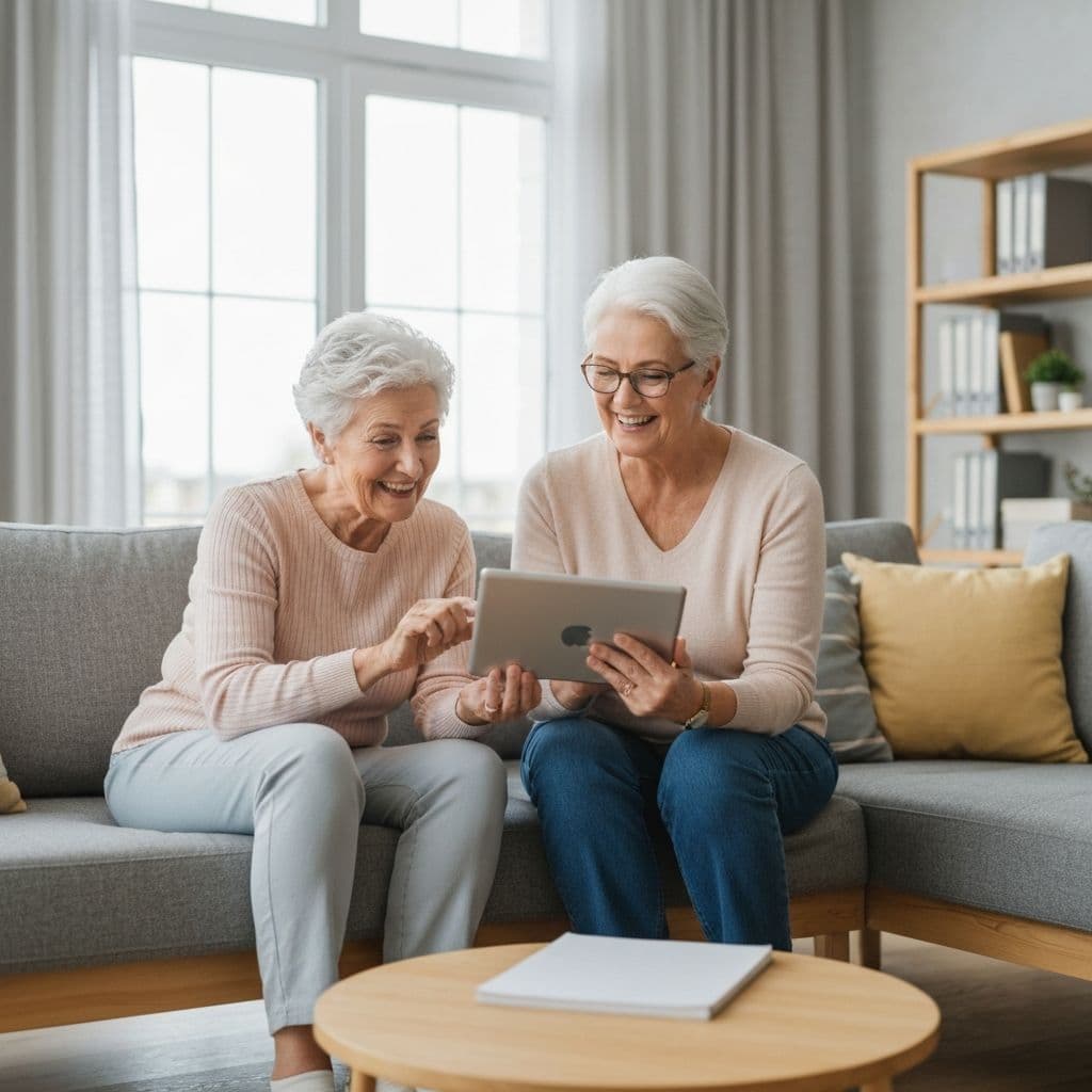 Älteres Paar lernt gemeinsam am Tablet in gemütlicher Wohnzimmeratmosphäre